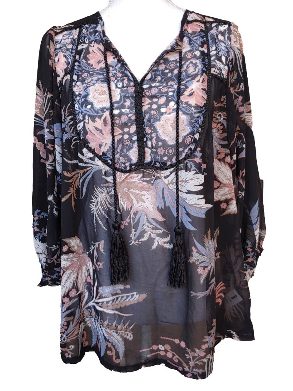 Buffalo Sheer Prairie Top Flowy Black Floral Boho Hippie Ballon Sleeve Peasant